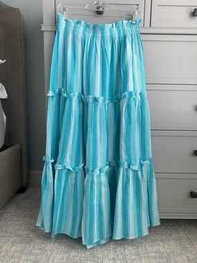 Tuckernuck Aqua and White Striped Tiered Maxi Skirt